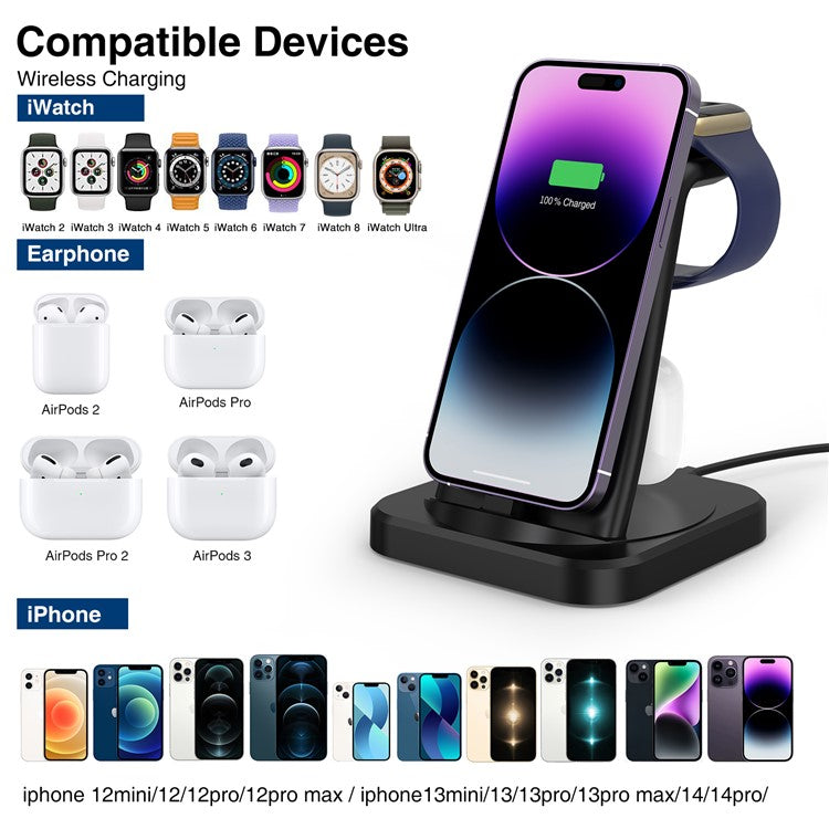 W-06 4-in-1 Wired Charger for iPhone 5-14 Series Cell Phone Headset, Smartwatch Wireless Charger Stand - Black