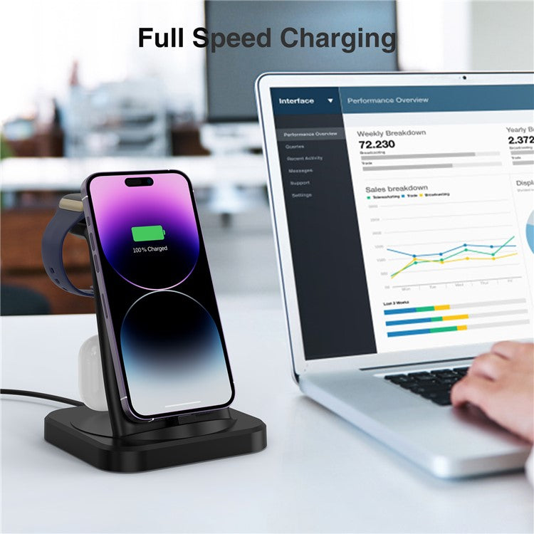 W-06 4-in-1 Wired Charger for iPhone 5-14 Series Cell Phone Headset, Smartwatch Wireless Charger Stand - Black