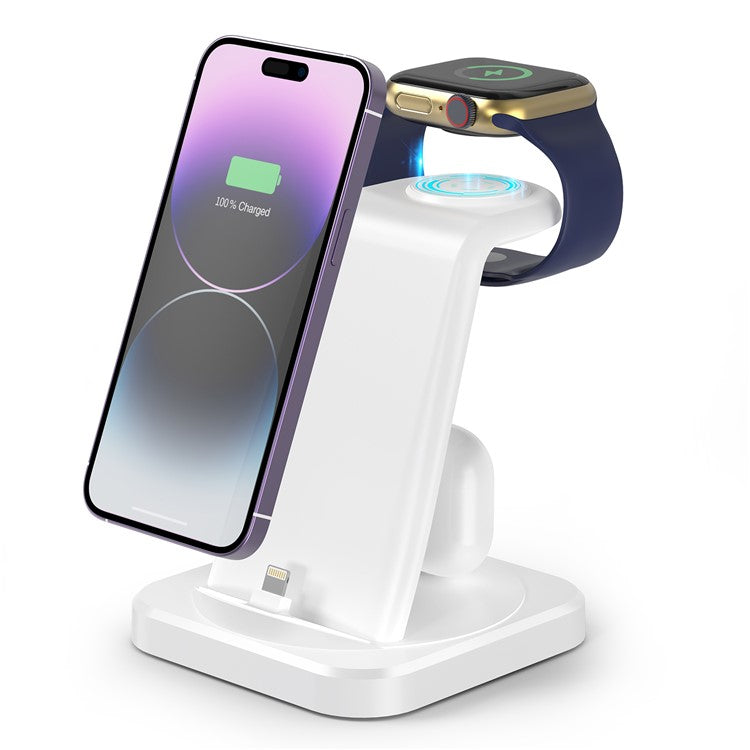 W-06 4-in-1 Wired Charger for iPhone 5-14 Series Cell Phone Headset, Smartwatch Wireless Charger Stand - White