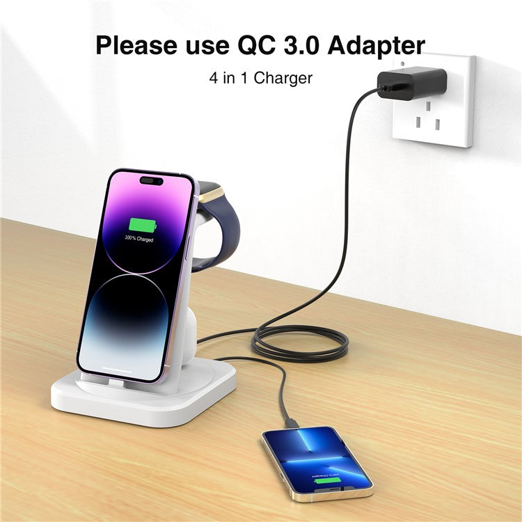 W-06 4-in-1 Wired Charger for iPhone 5-14 Series Cell Phone Headset, Smartwatch Wireless Charger Stand - White