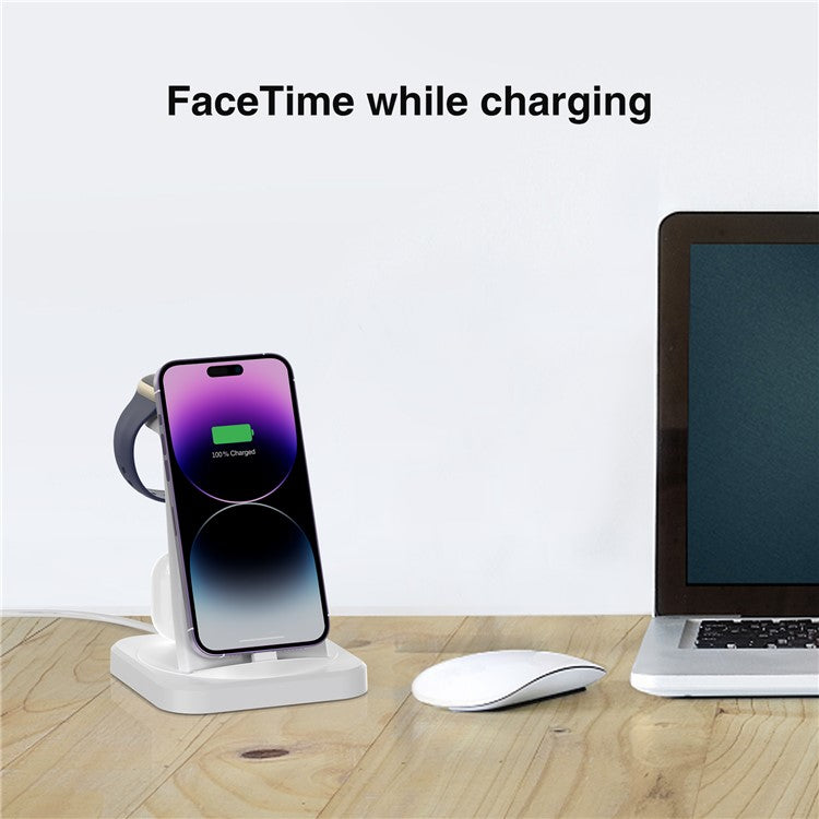 W-06 4-in-1 Wired Charger for iPhone 5-14 Series Cell Phone Headset, Smartwatch Wireless Charger Stand - White