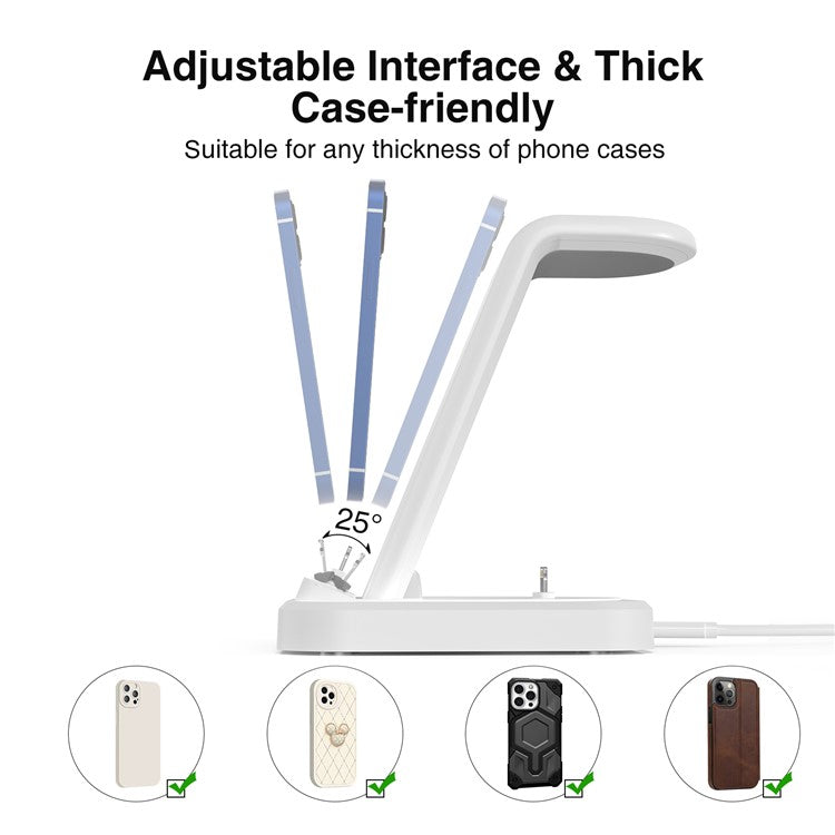 W-06 4-in-1 Wired Charger for iPhone 5-14 Series Cell Phone Headset, Smartwatch Wireless Charger Stand - White