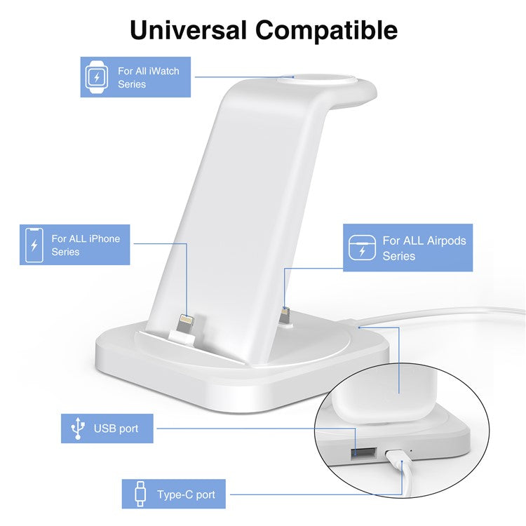 W-06 4-in-1 Wired Charger for iPhone 5-14 Series Cell Phone Headset, Smartwatch Wireless Charger Stand - White