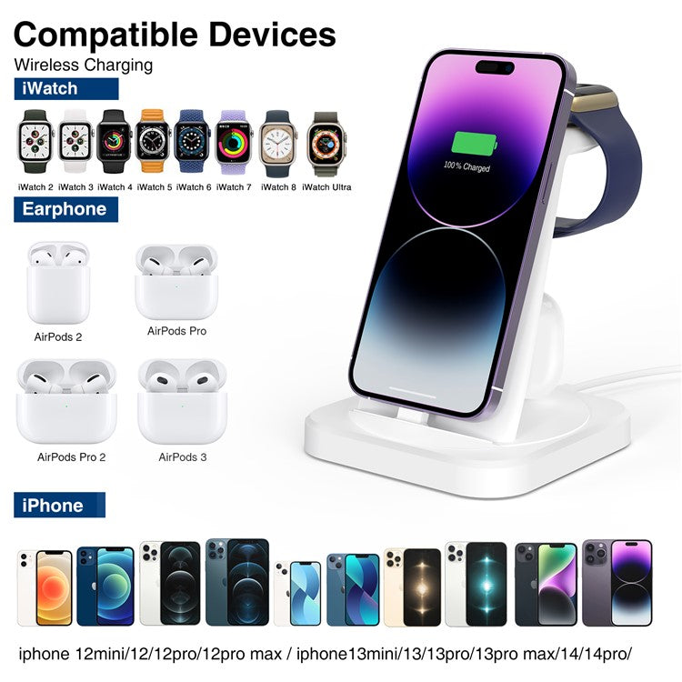 W-06 4-in-1 Wired Charger for iPhone 5-14 Series Cell Phone Headset, Smartwatch Wireless Charger Stand - White