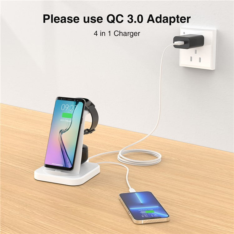 W-07 4-in-1 Wireless Charger for Samsung Galaxy S10 / S9 / Galaxy Watch Active / Active2 / Watch3 / 4 / 5 Series Charging Station - White