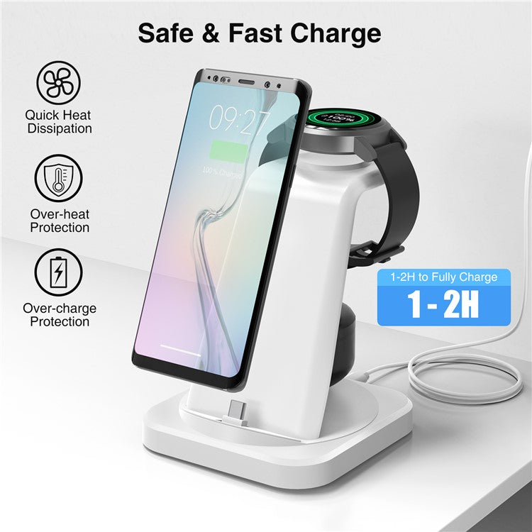 W-07 4-in-1 Wireless Charger for Samsung Galaxy S10 / S9 / Galaxy Watch Active / Active2 / Watch3 / 4 / 5 Series Charging Station - White