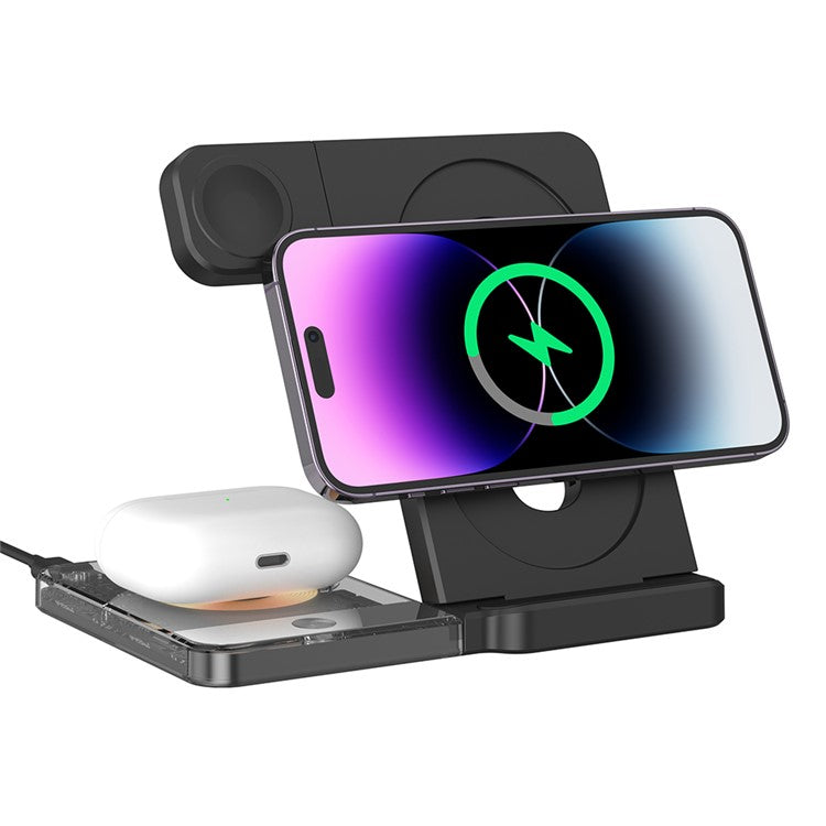 U17-A 5-in-1 Folding Magnetic Wireless Charger Stand for iPhone 12 / 13 / 14 / 15 Series Charging Station - Black