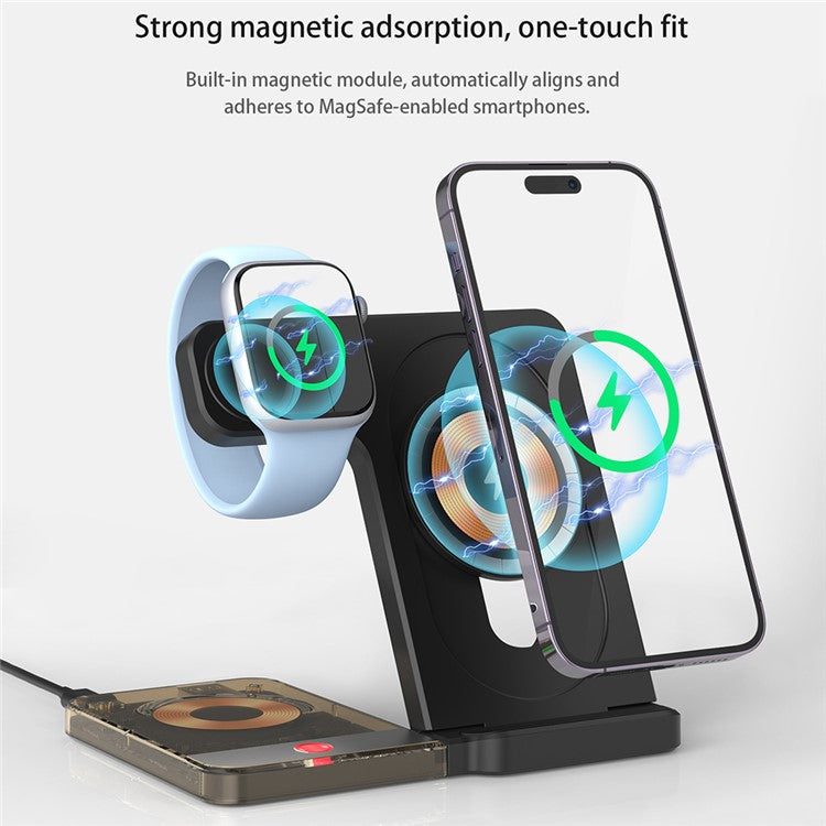 U17-A 5-in-1 Folding Magnetic Wireless Charger Stand for iPhone 12 / 13 / 14 / 15 Series Charging Station - Black