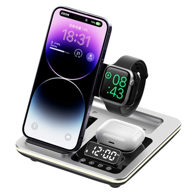 A93 15W 5-in-1 Multi-Function Folding Wireless Charger Cell Phone Charging Station with Clock for Headset Smart Watch - Silver