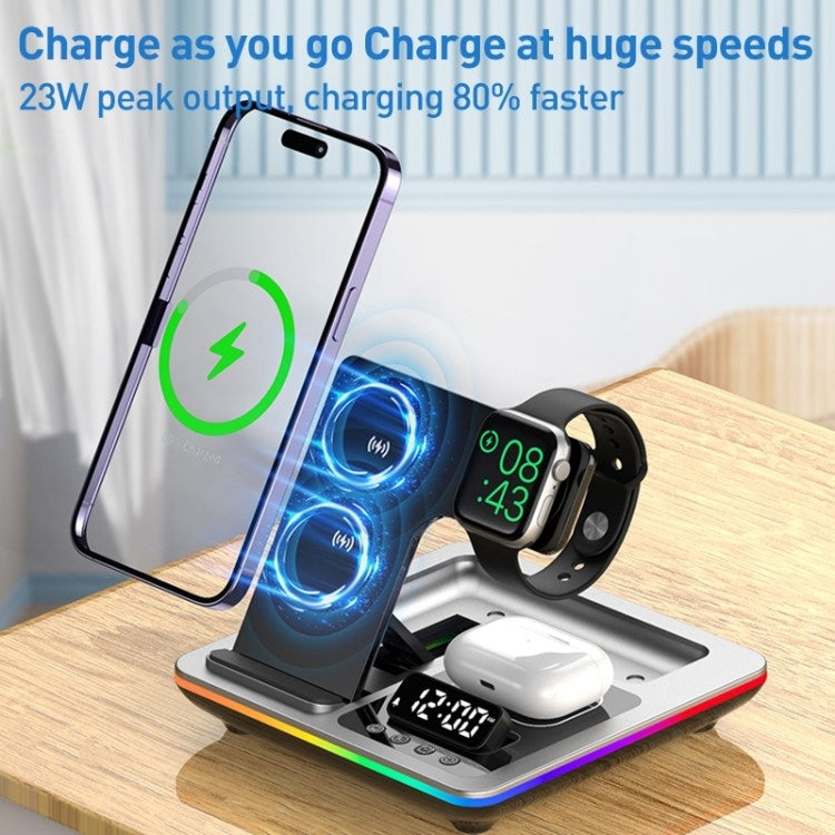 A93 15W 5-in-1 Multi-Function Folding Wireless Charger Cell Phone Charging Station with Clock for Headset Smart Watch - Silver