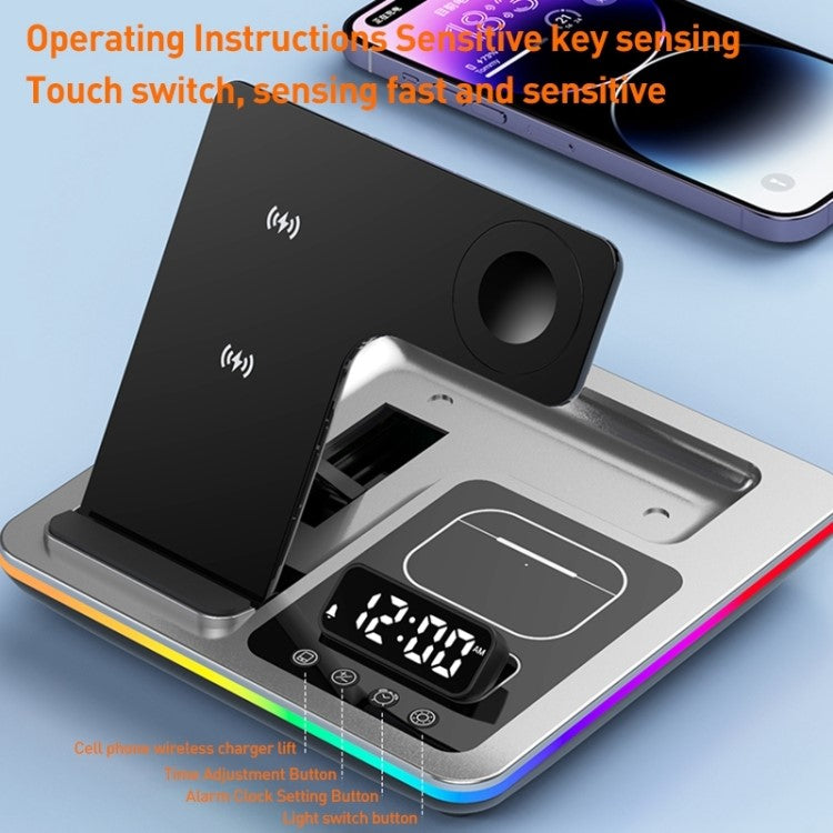 A93 15W 5-in-1 Multi-Function Folding Wireless Charger Cell Phone Charging Station with Clock for Headset Smart Watch - Silver