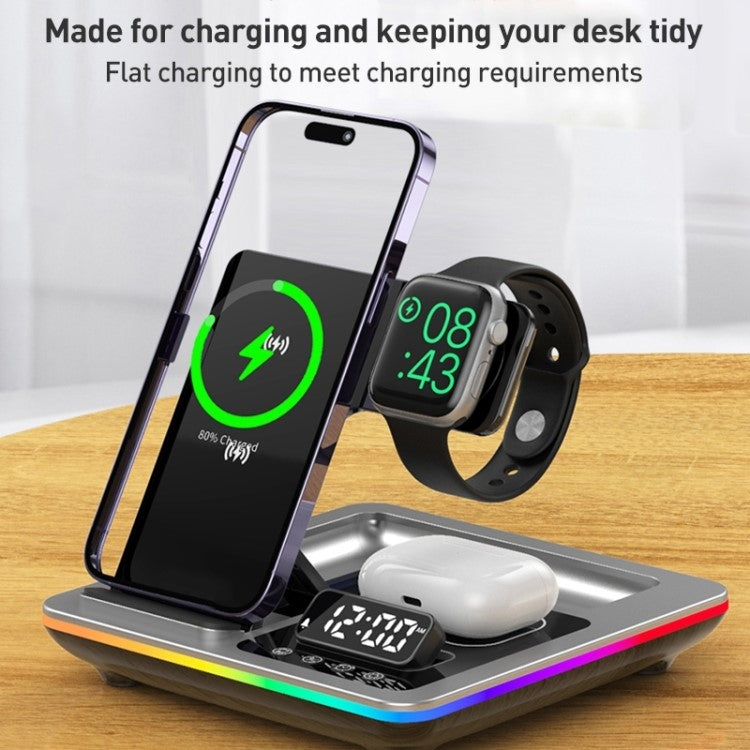 A93 15W 5-in-1 Multi-Function Folding Wireless Charger Cell Phone Charging Station with Clock for Headset Smart Watch - Silver