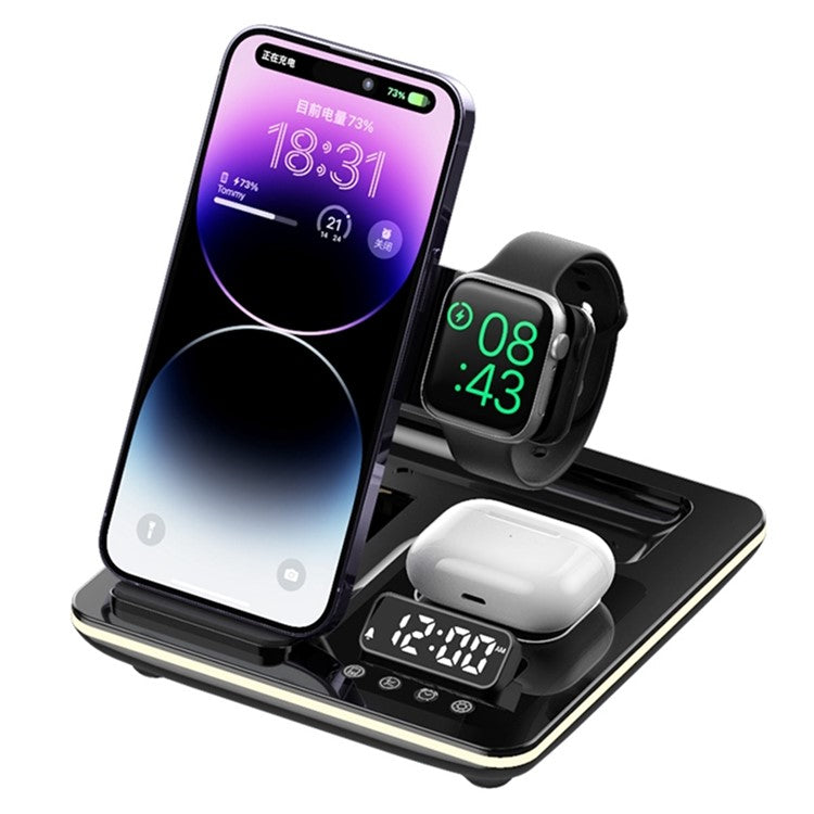 A93 15W 5-in-1 Multi-Function Folding Wireless Charger Cell Phone Charging Station with Clock for Headset Smart Watch - Black