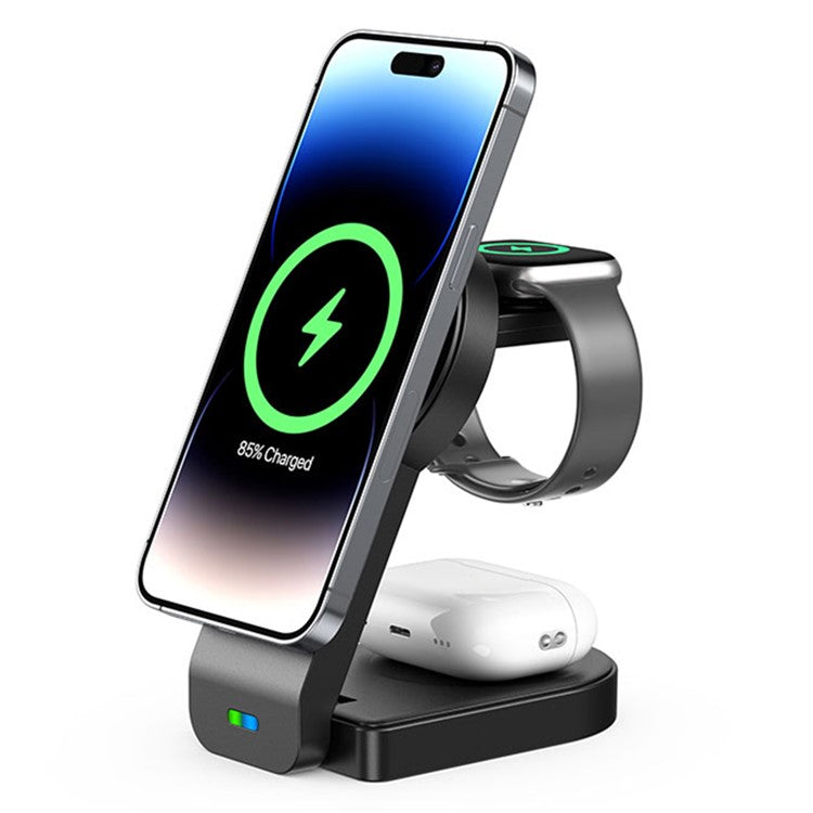 B23 3-in-1 Wireless Charging Stand Vertical 15W Cell Phone Folding Charging Station for Headset Watch - Black