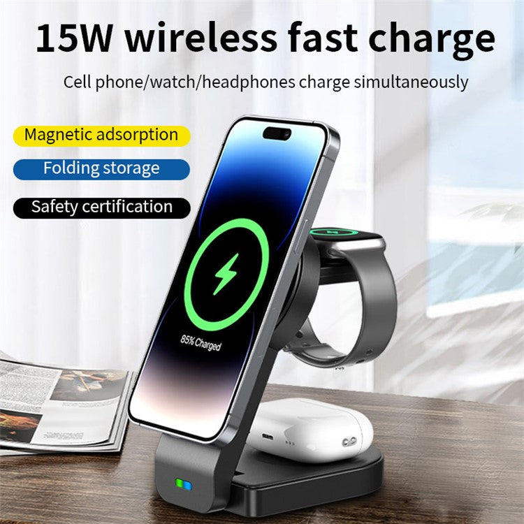 B23 3-in-1 Wireless Charging Stand Vertical 15W Cell Phone Folding Charging Station for Headset Watch - Black