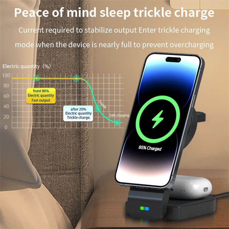 B23 3-in-1 Wireless Charging Stand Vertical 15W Cell Phone Folding Charging Station for Headset Watch - Black