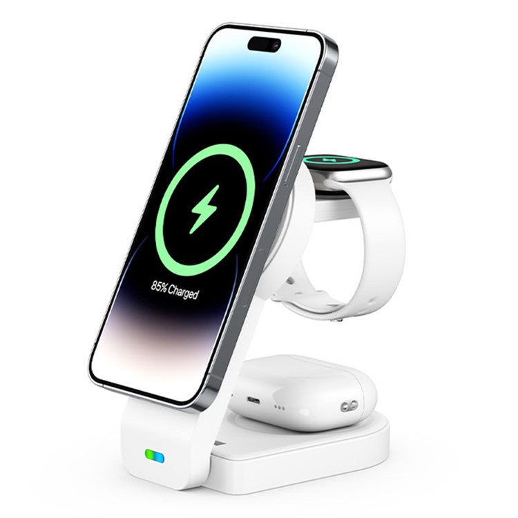 B23 3-in-1 Wireless Charging Stand Vertical 15W Cell Phone Folding Charging Station for Headset Watch - White