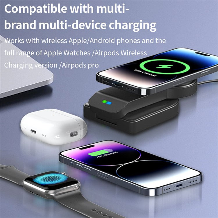 B23 3-in-1 Wireless Charging Stand Vertical 15W Cell Phone Folding Charging Station for Headset Watch - White