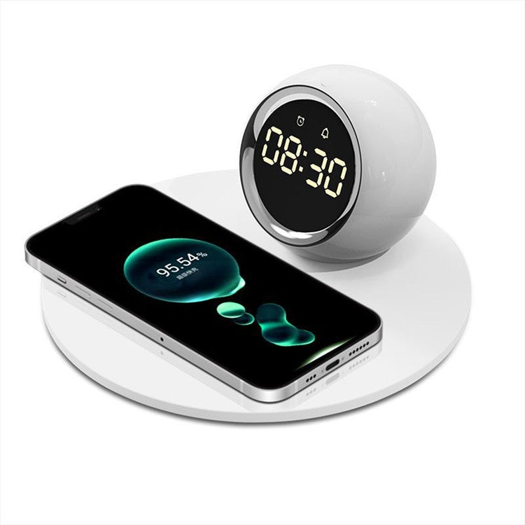 K22T Wireless Charging Station Fast 15W Wireless Charger with Rotating Digital Clock and Night Light - White