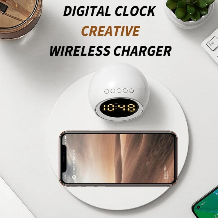 K22T Wireless Charging Station Fast 15W Wireless Charger with Rotating Digital Clock and Night Light - White