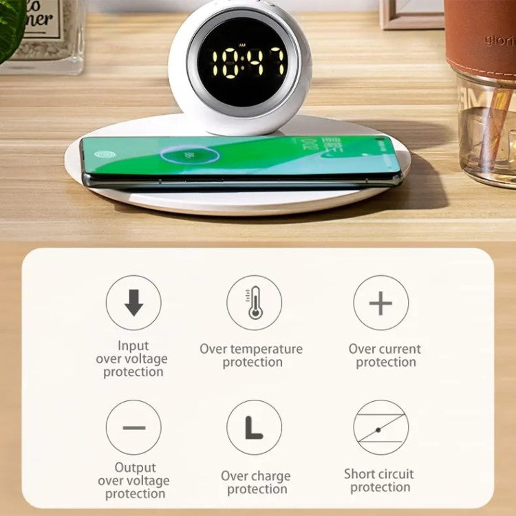 K22T Wireless Charging Station Fast 15W Wireless Charger with Rotating Digital Clock and Night Light - White