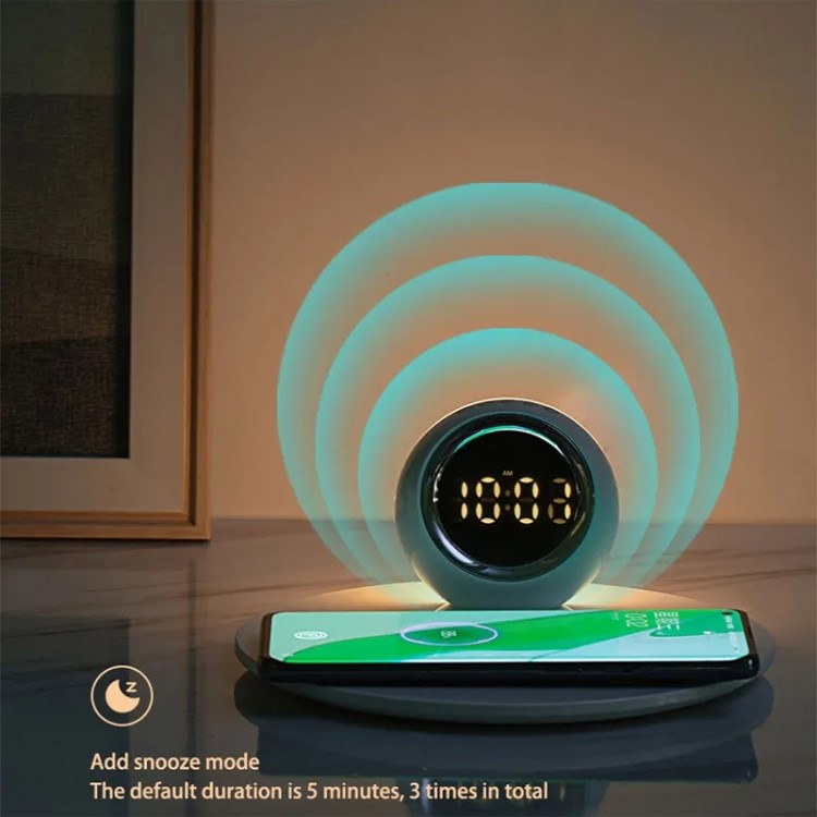 K22T Wireless Charging Station Fast 15W Wireless Charger with Rotating Digital Clock and Night Light - White