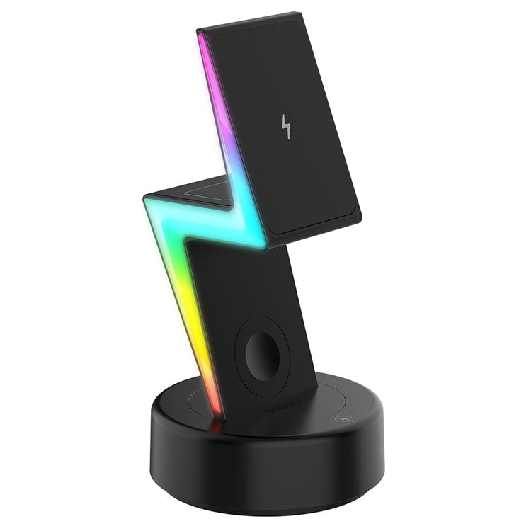 MY002 3-in-1 15W Wireless Charger for Cell Phone, Headset Magnetic Charging Stand with RGB Color Lights - Black