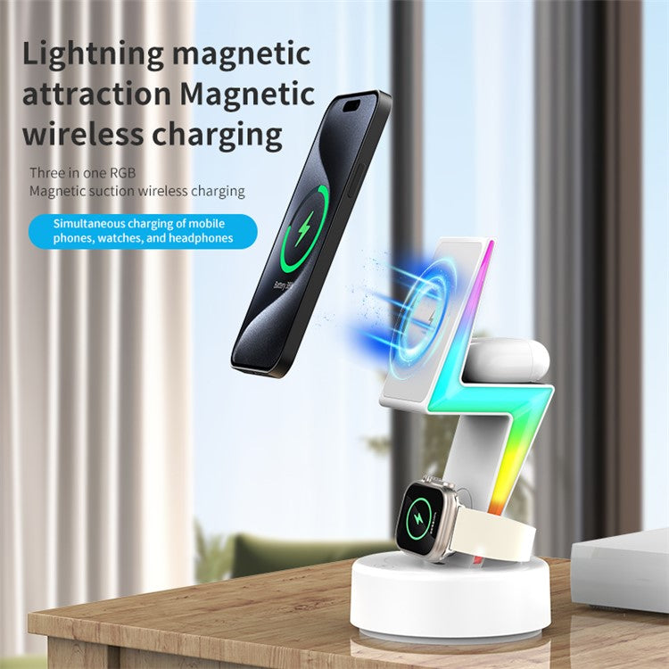 MY002 3-in-1 15W Wireless Charger for Cell Phone, Headset Magnetic Charging Stand with RGB Color Lights - Black