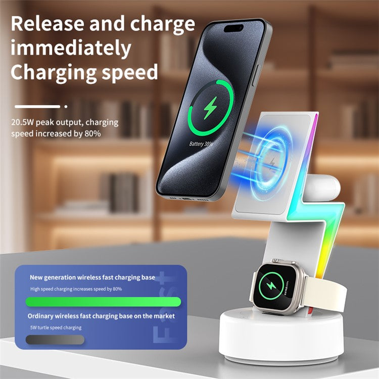 MY002 3-in-1 15W Wireless Charger for Cell Phone, Headset Magnetic Charging Stand with RGB Color Lights - Black