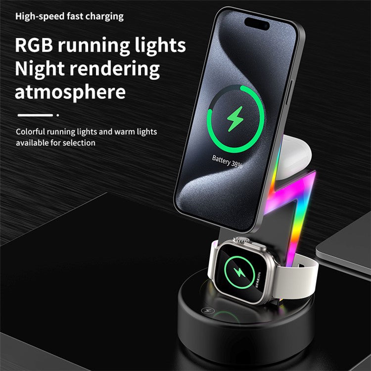 MY002 3-in-1 15W Wireless Charger for Cell Phone, Headset Magnetic Charging Stand with RGB Color Lights - Black