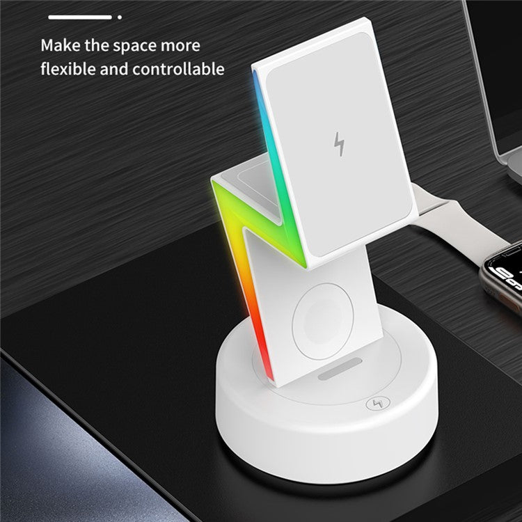 MY002 3-in-1 15W Wireless Charger for Cell Phone, Headset Magnetic Charging Stand with RGB Color Lights - Black