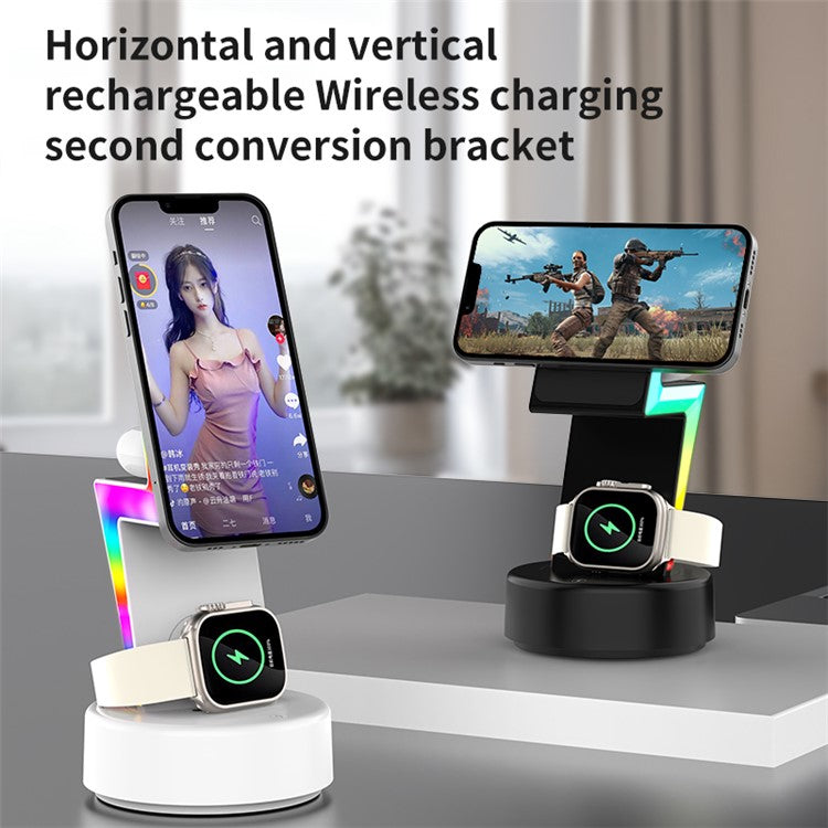 MY002 3-in-1 15W Wireless Charger for Cell Phone, Headset Magnetic Charging Stand with RGB Color Lights - Black