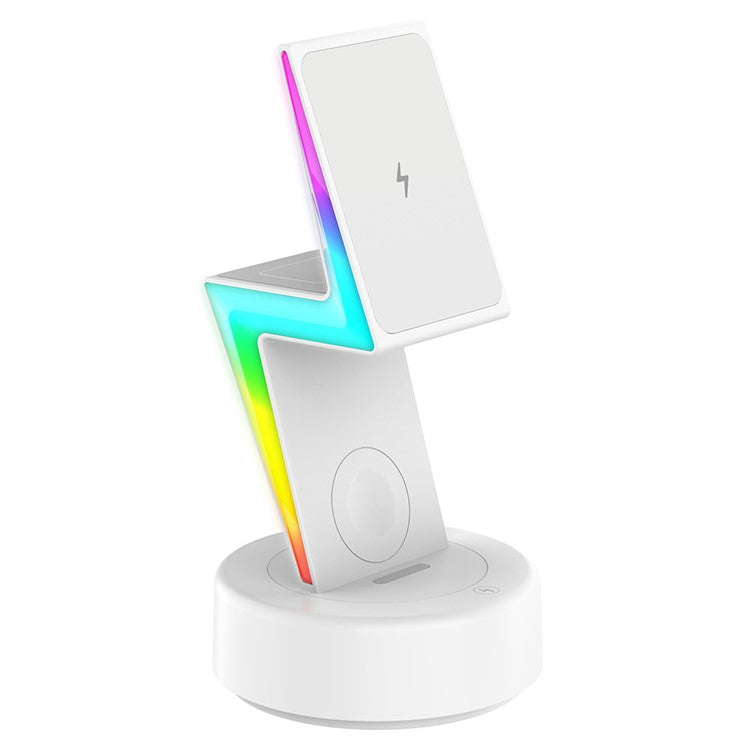 MY002 3-in-1 15W Wireless Charger for Cell Phone, Headset Magnetic Charging Stand with RGB Color Lights - White