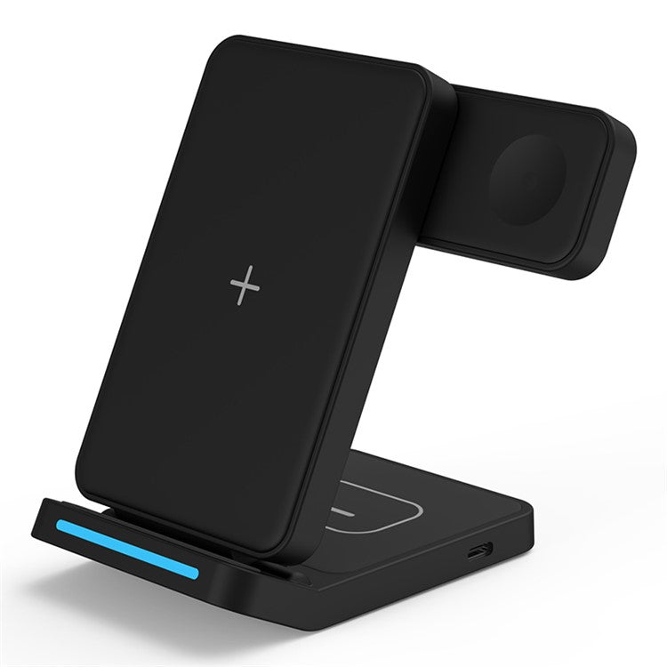 T19 3-in-1 Folding Wireless Charger 15W Desktop Portable Wireless Charging Stand for Cell Phone, Headset, iWatch - Black