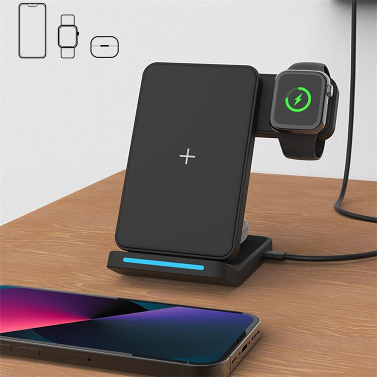 T19 3-in-1 Folding Wireless Charger 15W Desktop Portable Wireless Charging Stand for Cell Phone, Headset, iWatch - Black