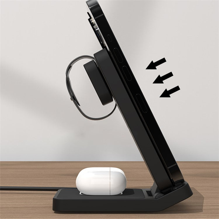 T19 3-in-1 Folding Wireless Charger 15W Desktop Portable Wireless Charging Stand for Cell Phone, Headset, iWatch - Black