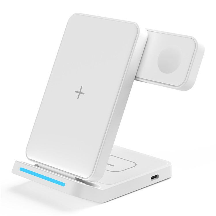 T19 3-in-1 Folding Wireless Charger 15W Desktop Portable Wireless Charging Stand for Cell Phone, Headset, iWatch - White