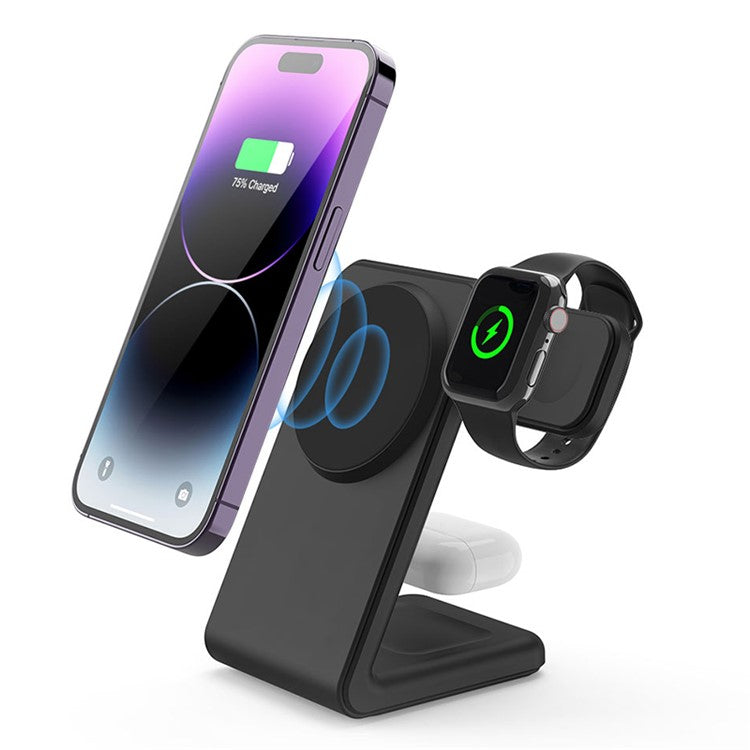 M7 For iPhone 12-15 / iWatch / AirPods 3-in-1 Magnetic Wireless Charger 15W Fast Charging Stand Holder (CE, FCC, RoHS, UKCA) - Black