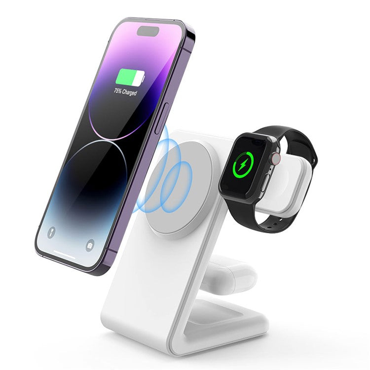 M7 For iPhone 12-15 / iWatch / AirPods 3-in-1 Magnetic Wireless Charger 15W Fast Charging Stand Holder (CE, FCC, RoHS, UKCA) - White