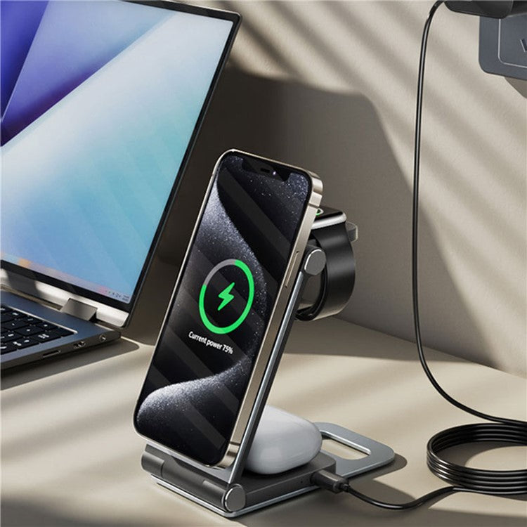 IFORCE T9 Folding 3-in-1 Desktop 15W Wireless Charger for Cell Phone, Headset, Watch Charging Stand - Dark Grey