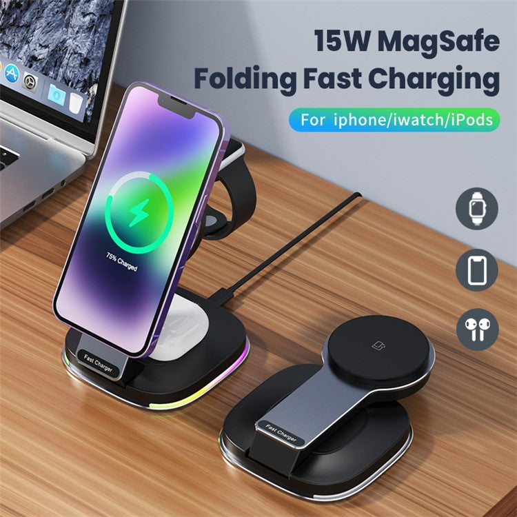 201 3-in-1 Folding Magnetic Wireless Charger Dock for iPhone / iWatch / AirPods - Black