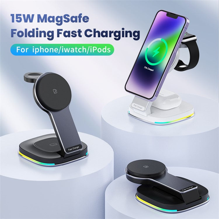 201 3-in-1 Folding Magnetic Wireless Charger Dock for iPhone / iWatch / AirPods - Black