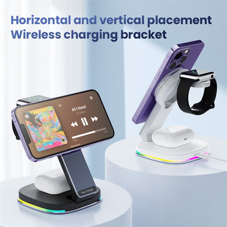 201 3-in-1 Folding Magnetic Wireless Charger Dock for iPhone / iWatch / AirPods - Black