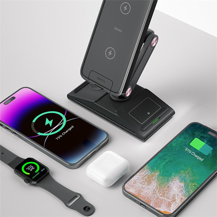 F2 3 in 1 Wireless Charging Station Foldable Magnetic Charger Stand for Phone / Earbuds / Watch - Brown