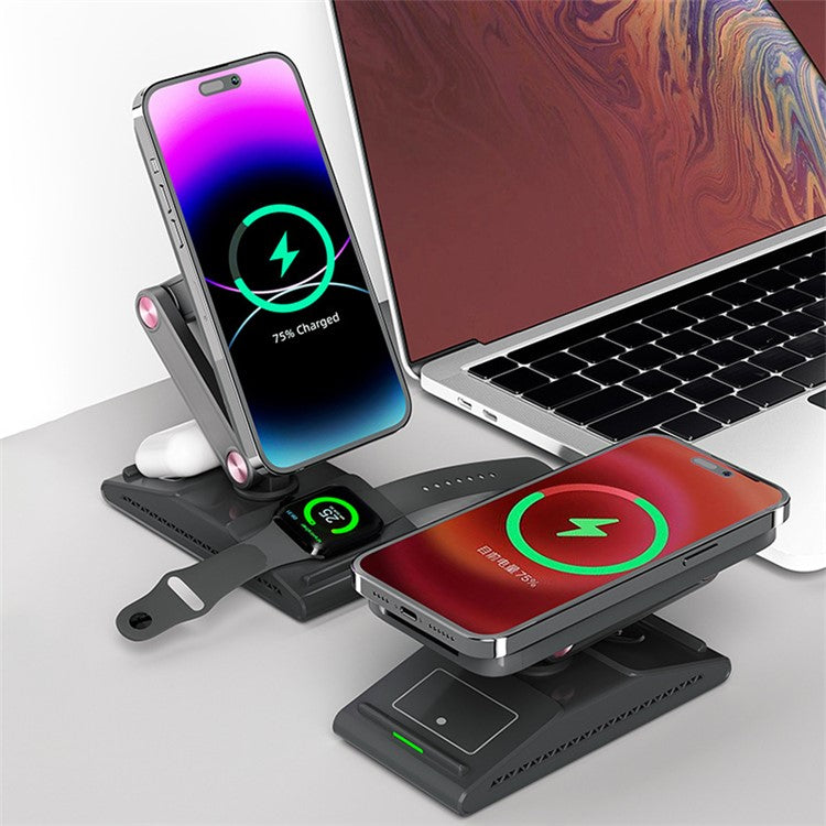 F2 3 in 1 Wireless Charging Station Foldable Magnetic Charger Stand for Phone / Earbuds / Watch - Brown