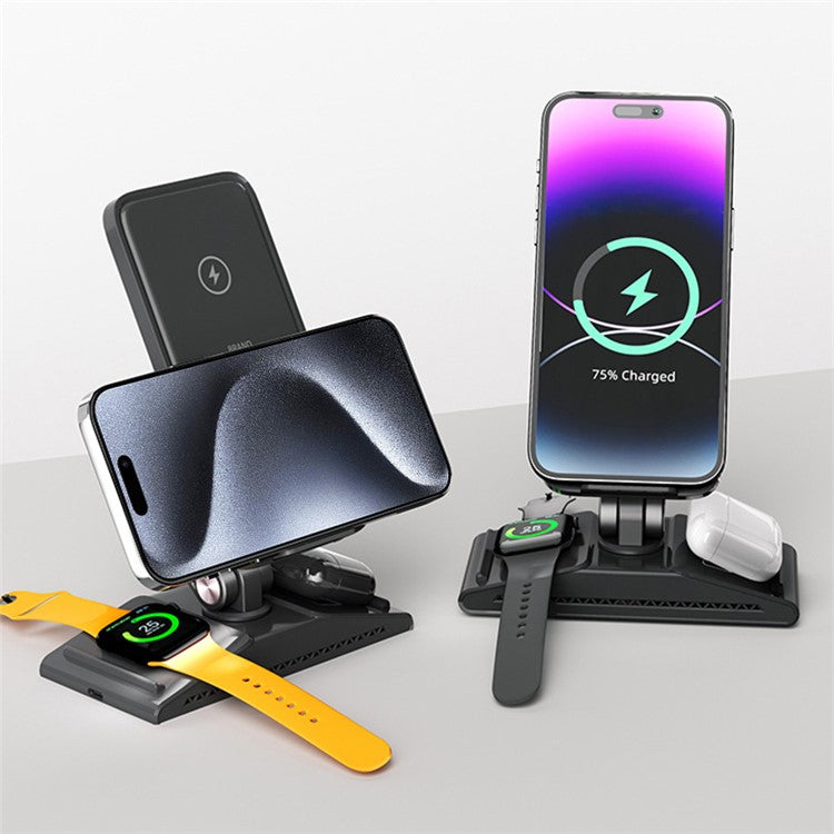 F2 3 in 1 Wireless Charging Station Foldable Magnetic Charger Stand for Phone / Earbuds / Watch - Brown