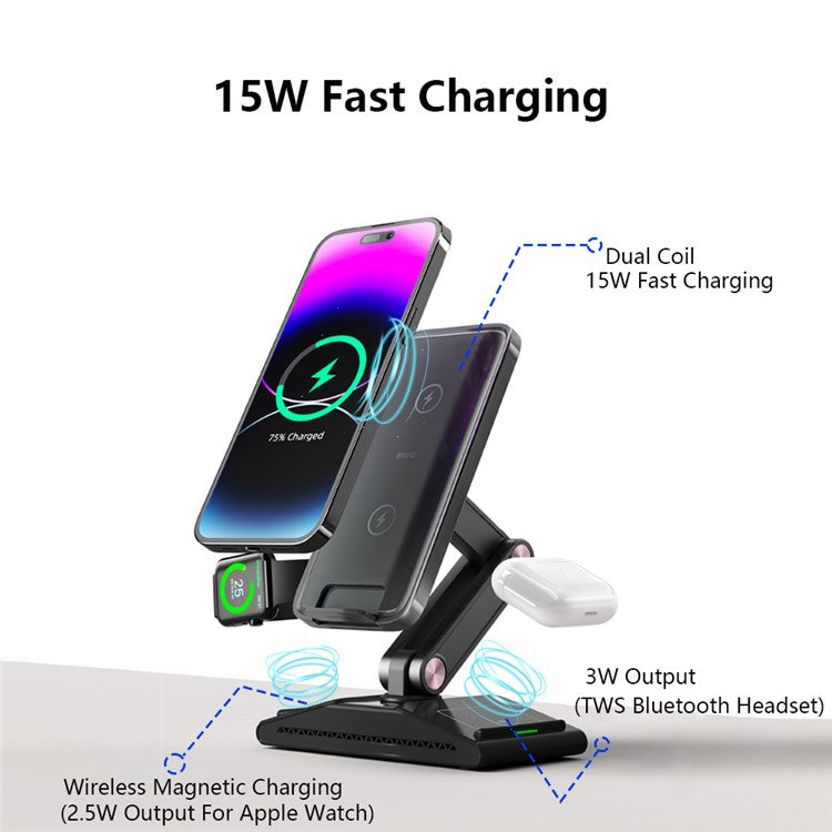 F2 3 in 1 Wireless Charging Station Foldable Magnetic Charger Stand for Phone / Earbuds / Watch - Brown