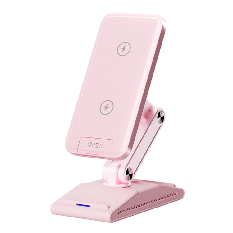 F2 3 in 1 Wireless Charging Station Foldable Magnetic Charger Stand for Phone / Earbuds / Watch - Pink