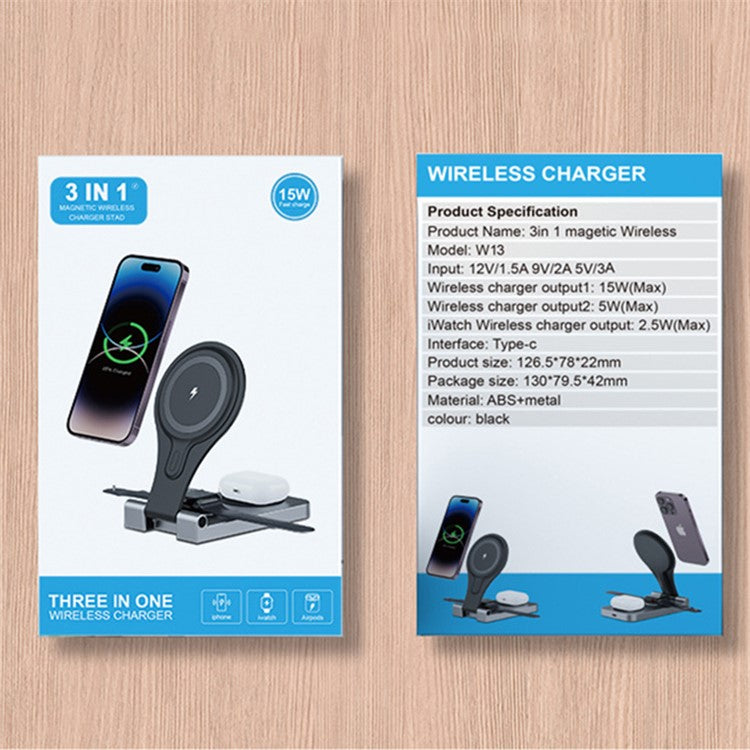 W13 3-in-1 Magnetic Wireless Charger Portable Folding Charging Station for iPhone 12 / 13 / 14 / 15 Series, AirPods, iWatch