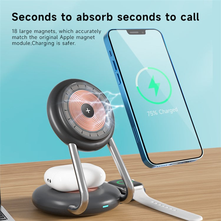 YN-21 3-in-1 15W Magnetic Wireless Charger Desktop Charging Stand for Cell Phone, Watch, Headset - White